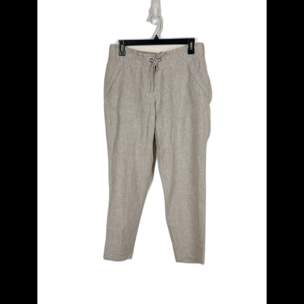 Athleta 100% Linen Pants Pull On Drawstring Ankle Cropped Size 6 Boho Natural